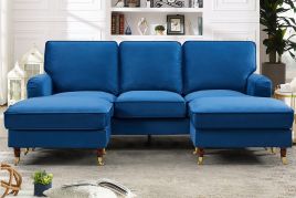VELARO Velvet 5 Seater U-Shaped Corner Sofa- Blue
