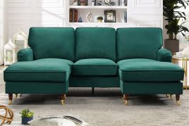 VELARO Velvet 5 Seater U-Shaped Corner Sofa- Green