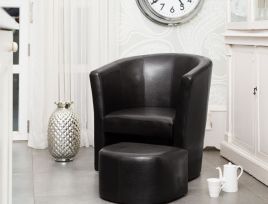 Tub Chair - ROVANZA Faux Leather Chair with Stool - Black