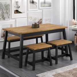 CECILIA 150cm Kitchen Dining Table and 3 Bench Set - Black and Oak