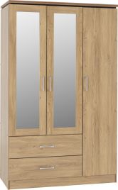 Wardrobe - CREMONA I 3 Door Mirrored Wardrobe Oak Effect Veneer with Walnut Trim 116cm