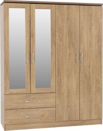 Wardrobe - CREMONA 4 Door Mirrored Wardrobe Oak Effect Veneer with Walnut Trim 154cm