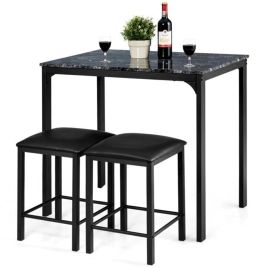 Dining Table Set - 3 Piece Dining Table Set with 2 Faux Leather Backless Stools-Black