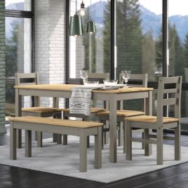 Ethans Large Dining Table with 4 Chair and Bench Set - Grey