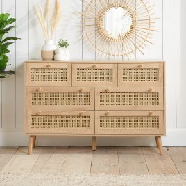 Oak Finish Rattan Chest of Drawers - CARDANO Large Chest  7 Drawers