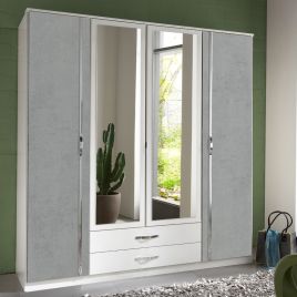 Dewi 4 Door Wardrobe Mirrored with 2 Drawers - White and Grey