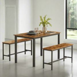 NOVATRA Dining Set 3-Piece Table and 2 Benches for 4 People - Rustic Brown and Black