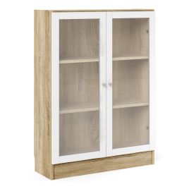 WRAYNE Low Wide Display Cabinet with 2 Shelves and 2 Glass Doors - Oak with White
