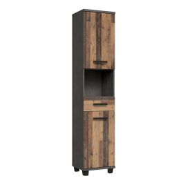 VERDON Tall Narrow Bathroom Storage Cabinet with 2 Doors and 1 Drawer - Walnut with Dark Grey