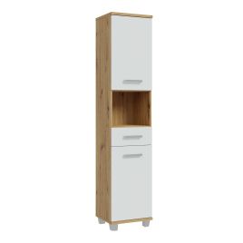 VERDON Tall Narrow Bathroom Storage Cabinet with 2 Doors and 1 Drawer - Artisan Oak with Light Grey