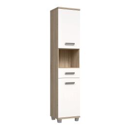 VERDON Tall Narrow Bathroom Storage Cabinet with 2 Doors and 1 Drawer - Sonoma Oak with White High Gloss