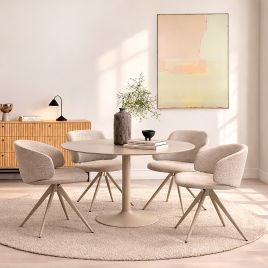 HARVINE Round Dining Table Set with 4 Ella Swivel Dining Chairs - Cream