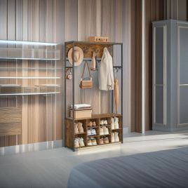 YAVONTE Coat Stand Entryway Coat Rack with Bench and Storage Shelves - Rustic Brown