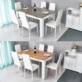 Modern Dining Table Set with Faux Leather White Chairs - 5 Optional