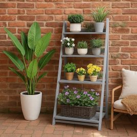 WESTORA Plant Stand 4-Tier Foldable Wooden Ladder Shelf Display Rack - Grey