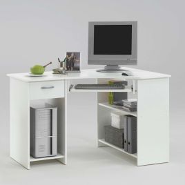 Modern Design Corner Computer Desk with Drawer, Shelves and Pull-Out Keyboard Tray - White