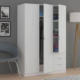 Wardrobe - HARVEY 3 Door Wardrobe White 121cm