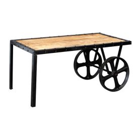 Michelle Industrial Cart Style Coffee Table with Natural Hardwood and Iron Edges