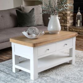 Chunky Oak Coffee Table with Drawers and Magazine Shelf - White