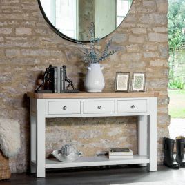 Chunky Oak Console Table with 3 Drawers and Open Magazine Shelf - White