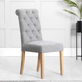 Scroll Top Button Back Dining Chair with Oak Legs - Grey