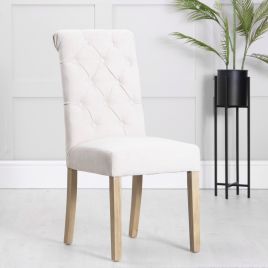 Scroll Top Button Back Dining Chair with Oak Legs - Natural