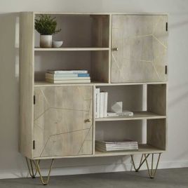 Georgjna Abstract Style Gold Frame Display Cabinet with Doors and Open Shelf - Light Natural Finish