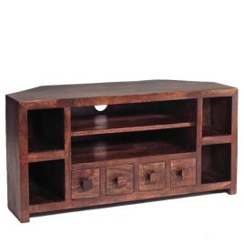 Stella Dark Mango Corner TV Unit with Drawers and open Shelf - Walnut