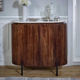 Hendry Metal Legs Mango Wood 4 Doors Sideboard with Drink Cabinet - White Marble Top