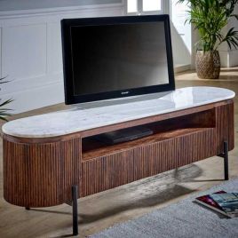 Hendry Metal Legs Fluted Style Mango Wood Large Tv Cabinet With 2 Drawers - White Marble Top