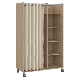 Osken Open Mobile Wardrobe Unit in Oak with Beige Textile Curtain on Wheels