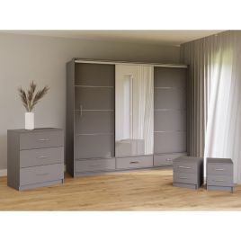Wardrobe Set - WARRINGTON 3 Door Bedroom Set 4 Piece Grey 250cm