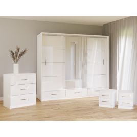 Wardrobe Set - WARRINGTON 3 Door Bedroom Set 4 Piece White 250cm