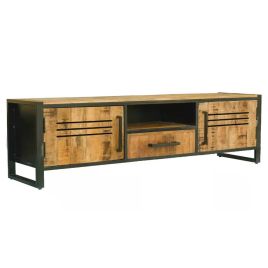 Industrial Style Mango Wood Large Plasma TV Unit 160cm with Two Door and Shelf - Black and Brown
