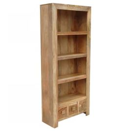 Delta Mango Wood Large Bookcase with 3 Drawers and 4 Shelves - Light Wood Tone