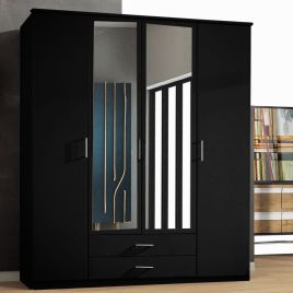 Wardrobe - ROMANS 4 Door Mirrored Wardrobe Black - 171cm