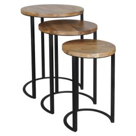 Tracey Industrial Iron Round Nesting Tables - Light Wood Tone