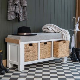 Chunky Oak Large Hall Bench with 3 Wicker Baskets - White