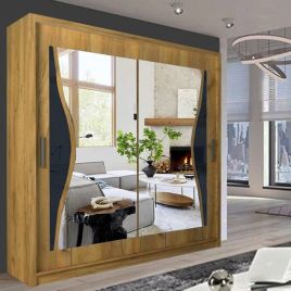 Sliding Wardrobe - HEFFNER 2 Door Mirrored 150cm Wardrobe - Walnut
