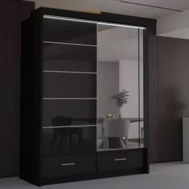 Sliding Wardrobe - CHESHAM 2 Door Mirrored Wardrobe Black 150cm