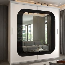 Sliding Wardrobe - COVINA 2 Door Mirrored Wardrobe White with Black Strip - 203cm