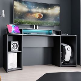 Modern Design Gaming Desk with LED, Shelf - Matt Black