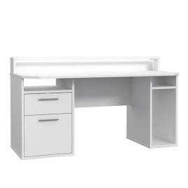Modern Design Gaming Desk with LED, Door, Drawer and Shelf - White