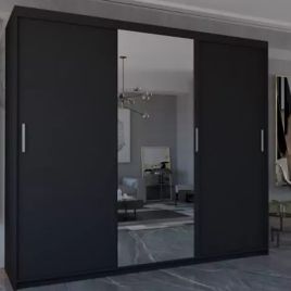 Sliding Wardrobe - DYNASTY 3 Door Mirrored Wardrobe Black 250cm