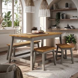 ETHANS 150cm Kitchen Dining Table and 3 Bench Set - Grey and Oak