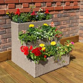 Three Tier Poly Rattan Planter with Removable Liners - Natural Weave