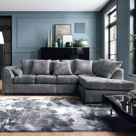 Corner Sofa - HENRY Crushed Chenille Fabric 5 Seater L-Shaped Sofa Right Hand Facing - Dark Grey