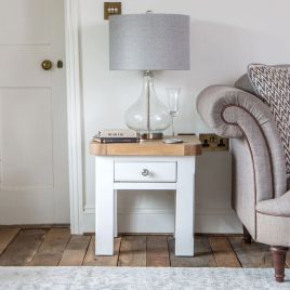 Chunky Oak Lamp Table with Drawer Chrome Handle - White