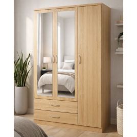 NEWBIGGIN 3 Door Mirrored Wardrobe with 2 Drawers Medium Oak - 116cm