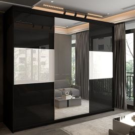 Sliding Wardrobe - MONCLER 3 Door Mirrored Wardrobe Black - 250cm